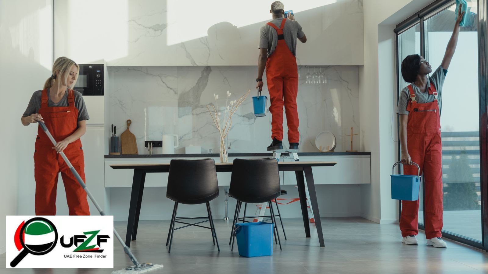 Professional cleaning team and facility management staff in a UAE commercial building — free zone company setup guide 2026