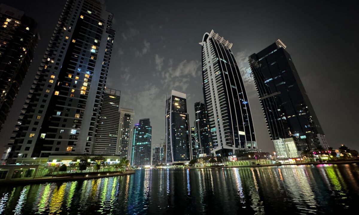 Jumeirah Lakes Towers at night, the DMCC free zone district in Dubai